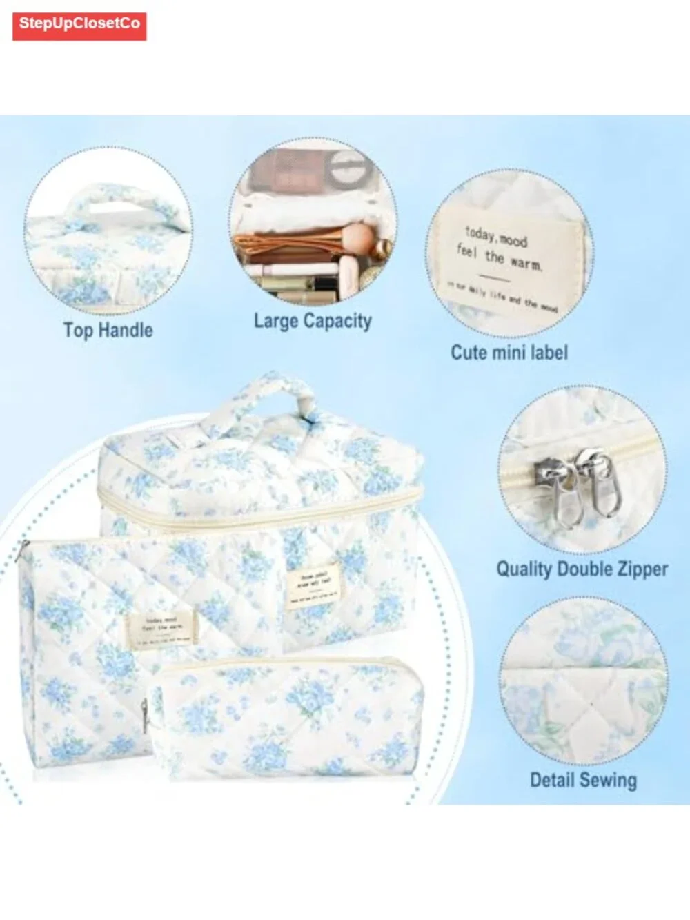 Quilted Cotton Makeup Bag Set of 3 Cosmetic Organizer Travel Toiletry Pouch